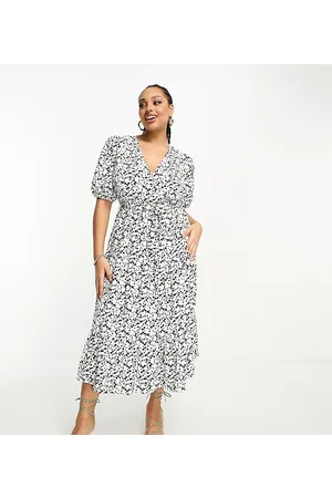 Glamorous Short sleeve tie waist wrap maxi dress in black ditsy