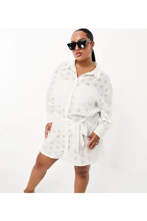 Threadbare Threabdare Plus broderie tie waist shirt dress in