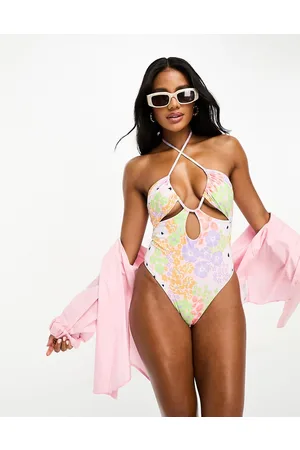 ASOS Gathered ruche cut out swimsuit in pastel ditsy floral