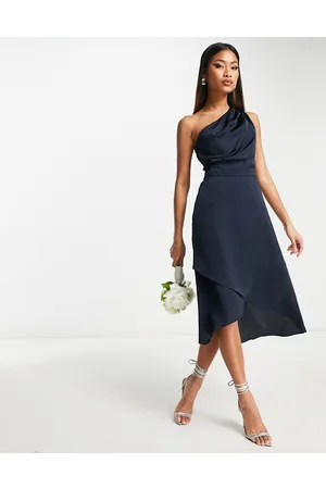 TFNC Bridesmaid one shoulder midi dress in navy