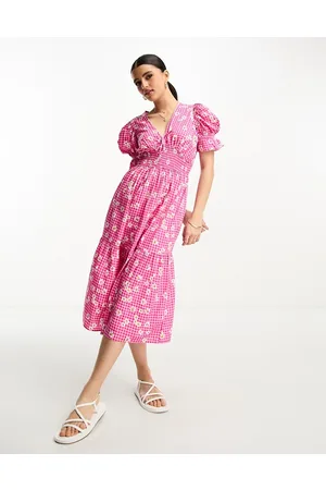Influence Gingham midi dress with floral print in