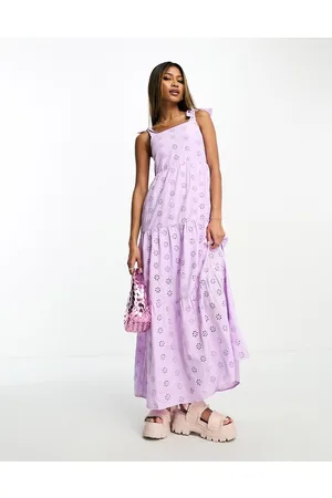 Threadbare Broderie tiered midi dress in lilac