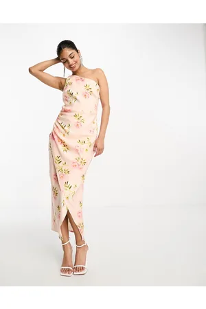 True Violet One shoulder midi pencil dress in floral