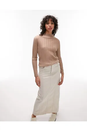 Topshop Knitted sheer long sleeve top in taupe
