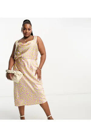 Simply Be Satin slip midi skirt in yellow leopard print