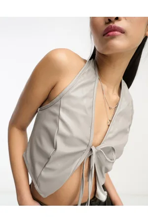 Heartbreak PU tie up halter neck crop top in