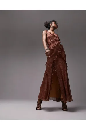 Topshop Ruffle sleeve maxi occasion dress with raw seams in animal print
