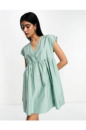 ASOS Cotton v neck mini smock dress in seafoam green
