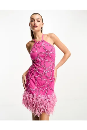 Starlet Exclusive heart embellished faux feather mini dress in