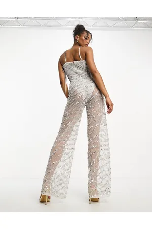 Miss Selfridge Premium embellished festival wide leg jumpsuit with corset detail