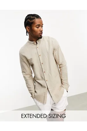 ASOS Regular shirt in linen with grandad collar in stone