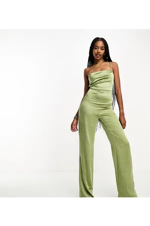 Vesper Satin one shoulder wide leg jumpsuit in olive