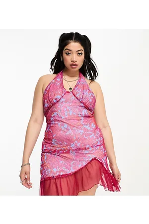 Tammy Girl Curve Tammy Girl Plus halter neck mini dress with split front in pink print