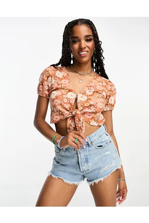 Hollister Hollster short sleeve tie front linen blouse in retro floral