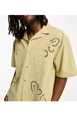 Reclaimed Limited edition lace cut work short sleeve shirt in khaki