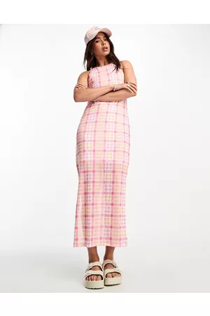 Pieces Exclusive mesh side slit midi dress in pink & orange check
