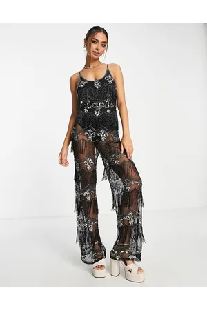 Miss Selfridge Premium festival embellished scooped cami jumpsuit with sheer trousers in