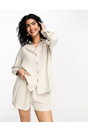 River Island Co-ord linen oversized shirt in stone