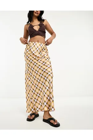 ASOS Satin bias maxi skirt in pink and yellow check