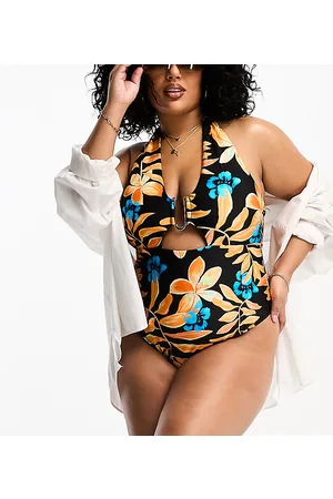 River Island Trim halterneck swimsuit in tropical print