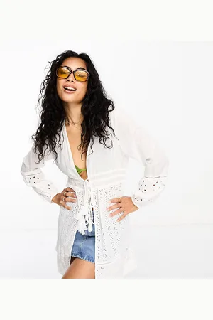 Accessorize Tie front broidery long sleeve cover up beach dress in