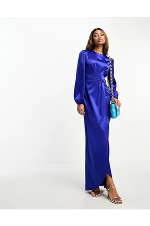 Flounce London Satin wrap front maxi dress in cobalt
