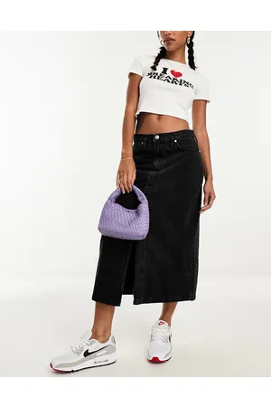 MANGO Front split denim midi skirt in