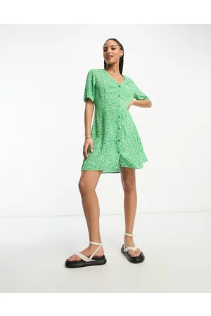 Monki Button through mini dress in green meadow floral