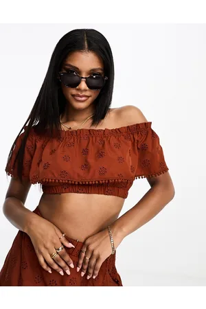 Threadbare Broderie off shoulder crop top co-ord in rust