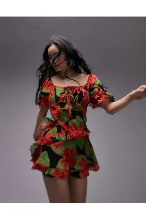 Topshop Ruffle tea dress with raw seams in floral print