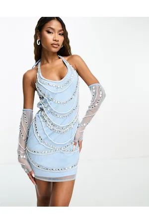 Starlet Halterneck mini dress with pearl and diamante embellishment in baby