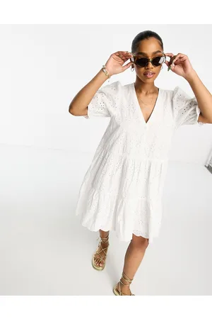 Monki Broderie anglaise puff sleeve mini dress in