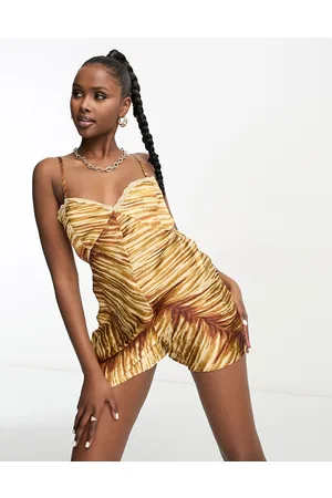 ASOS Satin cami playsuit with lace trim in animal print