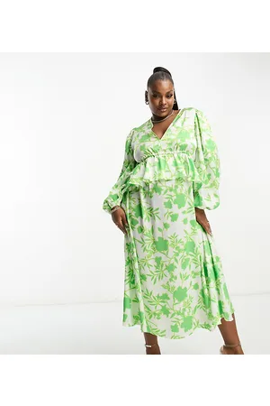 In The Style Exclusive v neck ruffle waist midi dress in green floral