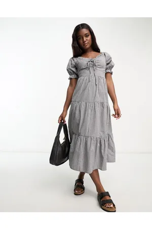 Influence Milkmaid tiered midi dress in monochrome gingham