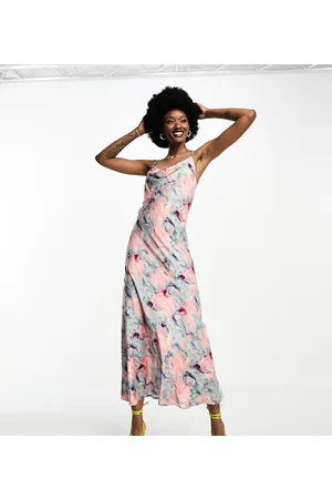 Object Satin slip midi dress in blurred pink watercolour print