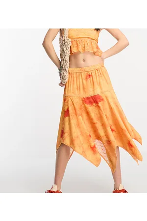 Reclaimed Asymmetric midi skirt with lace and broderie detail in washed orange co ord