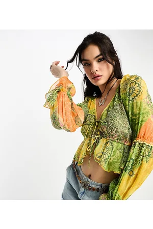 Reclaimed Tie front blouse in patchwork bandana print