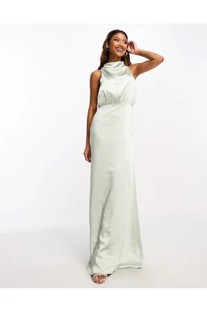 Pretty Lavish Bridesmaid Farrah high neck drape satin maxi dress in sage