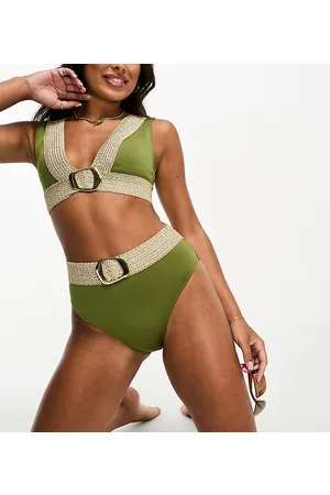 River Island High waist elastic buckle detail bikini bottom in khaki
