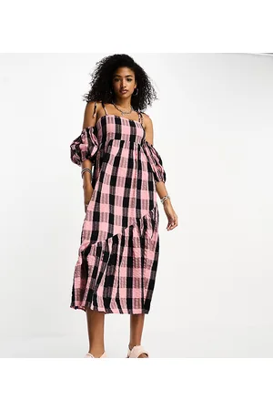 COLLUSION Off the shoulder midi dress in check