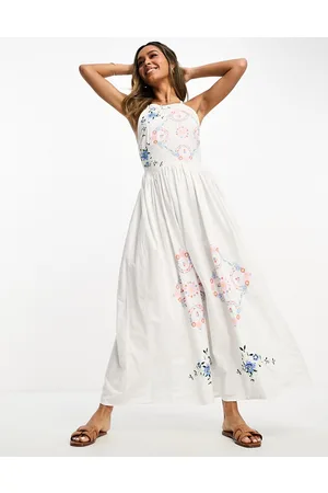 ASOS Embroidered pinny midi dress with open back and cutwork detail in