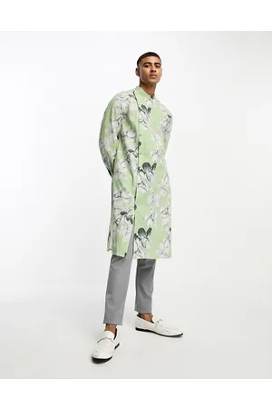 ASOS Kurta longline linen shirt with asymmetric hem in floral print