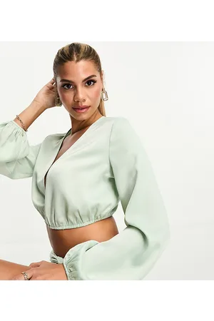 In The Style Exclusive satin twist front volume sleeve blouse co-ord in pale