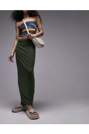 Topshop Mesh lace trim midi skirt in khaki