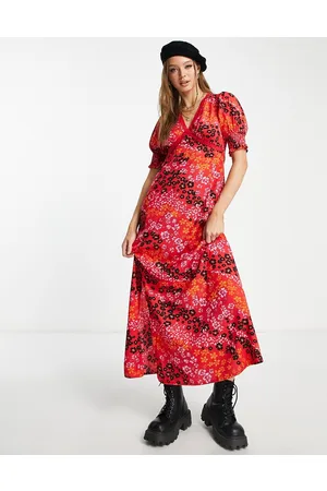 Influence Shirred sleeve maxi tea dress with lace trim in mixed floral print