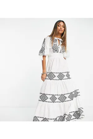 Reclaimed Limited edition maxi smock dress in white with contrast black embroidery