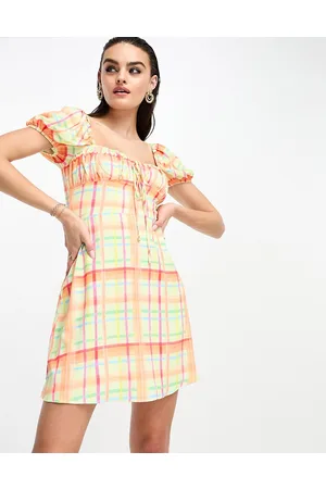 Glamorous Milkmaid a line mini dress in orange lime check