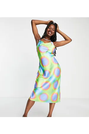 COLLUSION Cowl neck metal ring detail printed satin maxi slip dress in