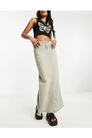 COLLUSION Vintage crease detail denim maxi skirt in light dirty wash